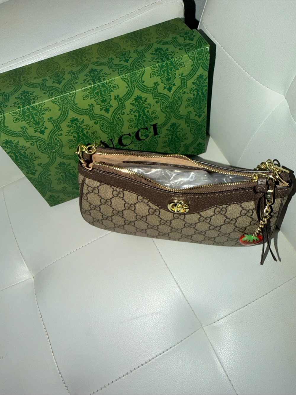 Gucci Beige GG Canvas Mini Shoulder Bag with Brown Trim and Red-Green Web Strap - Picture 8 of 8